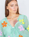 Yumi Mint Tie Front Cardigan With Flower Design