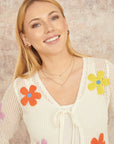 Yumi White Tie Front Cardigan With Flower Design