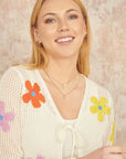 Yumi White Tie Front Cardigan With Flower Design