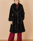Yumi Black Wrap Faux Fur Coat With Oversize Collar