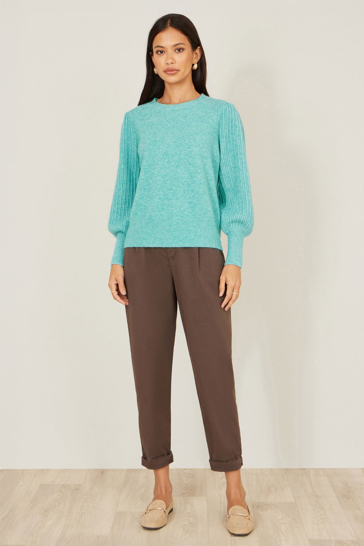 Yumi Sea Green Knitted Balloon Sleeve Jumper