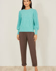 Yumi Sea Green Knitted Balloon Sleeve Jumper