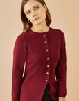 Yumi Burgundy Knitted Fitted Button Down Peplum Cardigan