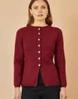 Yumi Burgundy Knitted Fitted Button Down Peplum Cardigan