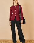 Yumi Burgundy Knitted Fitted Button Down Peplum Cardigan