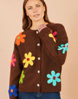 Yumi Brown Knitted Flower Applique Cardigan