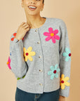 Yumi Grey Knitted Flower Applique Cardigan