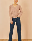 Yumi Brown Floral Embroidered Relaxed Fit Cardigan