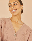Yumi Brown Floral Embroidered Relaxed Fit Cardigan