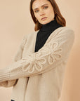 Yumi Beige Edge to Edge Cardigan With Flower Detail Sleeves