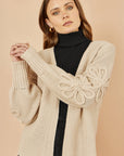 Yumi Beige Edge to Edge Cardigan With Flower Detail Sleeves