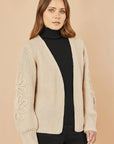 Yumi Beige Edge to Edge Cardigan With Flower Detail Sleeves