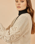 Yumi Beige Edge to Edge Cardigan With Flower Detail Sleeves