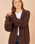 Yumi Brown Cardigan With Flower Detail Sleeves