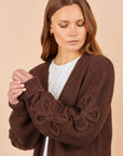 Yumi Brown Cardigan With Flower Detail Sleeves