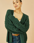 Yumi Green Edge to Edge Cardigan With Flower Detail Sleeves
