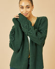 Yumi Green Edge to Edge Cardigan With Flower Detail Sleeves
