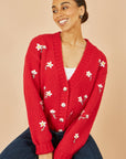 Yumi Red Hand Embroidered Chunky Knitted Cardigan