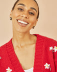 Yumi Red Hand Embroidered Chunky Knitted Cardigan