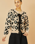 Yumi Beige Animal Print Intarsia Tie Front Cardigan