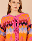 Yumi Pink Tie Front Heart Intarsia Cardigan