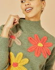 Yumi Green Knitted High Neck Jumper With Applique Flowers