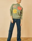 Yumi Green Knitted High Neck Jumper With Applique Flowers