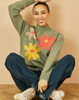 Yumi Green Knitted High Neck Jumper With Applique Flowers