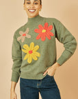 Yumi Green Knitted High Neck Jumper With Applique Flowers