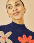 Yumi Navy Knitted High Neck Jumper With Applique Flowers