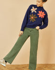 Yumi Navy Knitted High Neck Jumper With Applique Flowers