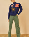 Yumi Navy Knitted High Neck Jumper With Applique Flowers