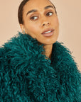 Yumi Teal Luxe Long Hair Fur Coat