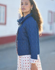 Yumi Blue Chambray Quilted Jacket With Cherry Lining