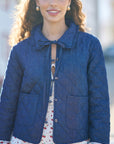 Yumi Blue Chambray Quilted Jacket With Cherry Lining