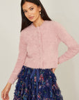 Yumi Pink Eyelash Knit Cropped Cardigan