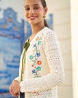 Yumi Ivory Crochet Knitted Tie Front Cardigan With Floral Embroidery