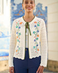 Yumi Ivory Crochet Knitted Tie Front Cardigan With Floral Embroidery