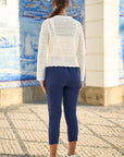 Yumi Ivory Crochet Knitted Tie Front Cardigan With Floral Embroidery