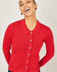 Yumi Red Ribbed Collar Button Up Cardigan