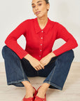 Yumi Red Ribbed Collar Button Up Cardigan