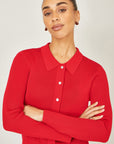Yumi Red Ribbed Collar Button Up Cardigan
