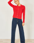 Yumi Red Ribbed Collar Button Up Cardigan