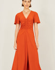 Yumi Orange Ruched Front Stretch Midi Dress