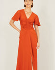 Yumi Orange Ruched Front Stretch Midi Dress