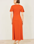Yumi Orange Ruched Front Stretch Midi Dress