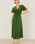 Yumi Green Ruched Front Stretch Midi Dress
