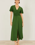 Yumi Green Ruched Front Stretch Midi Dress