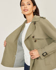 Yumi Green Cropped Trench Jacket With Pockets and Check Lining