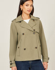 Yumi Green Cropped Trench Jacket With Pockets and Check Lining